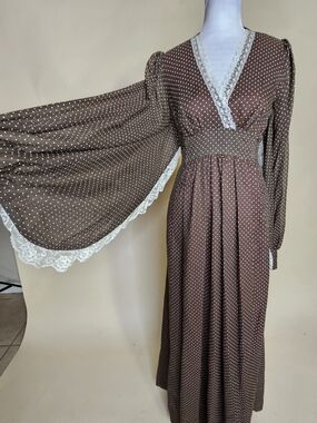Vintage 1970s Brown Polka Dot Lace-Trim Maxi Dress